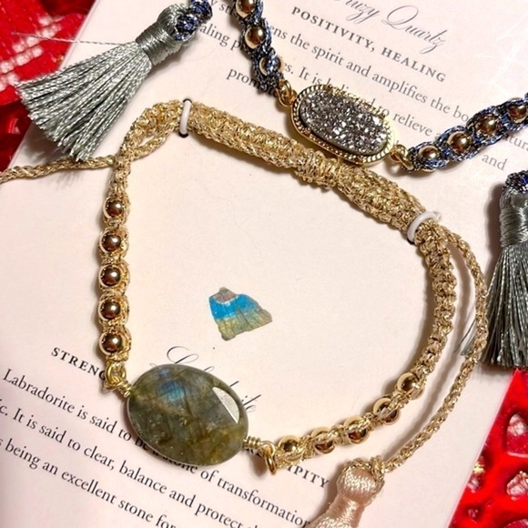 Brand New Luna Norte 14K Gold Plated Brass Adjustable Bracelet Set Druzy Quartz - Picture 9 of 12